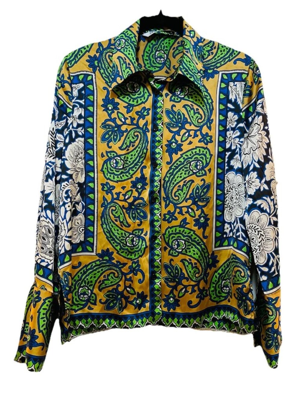 Zara Multicolor Paisley & Floral Button-Down Shirt - Green, Blue, Gold